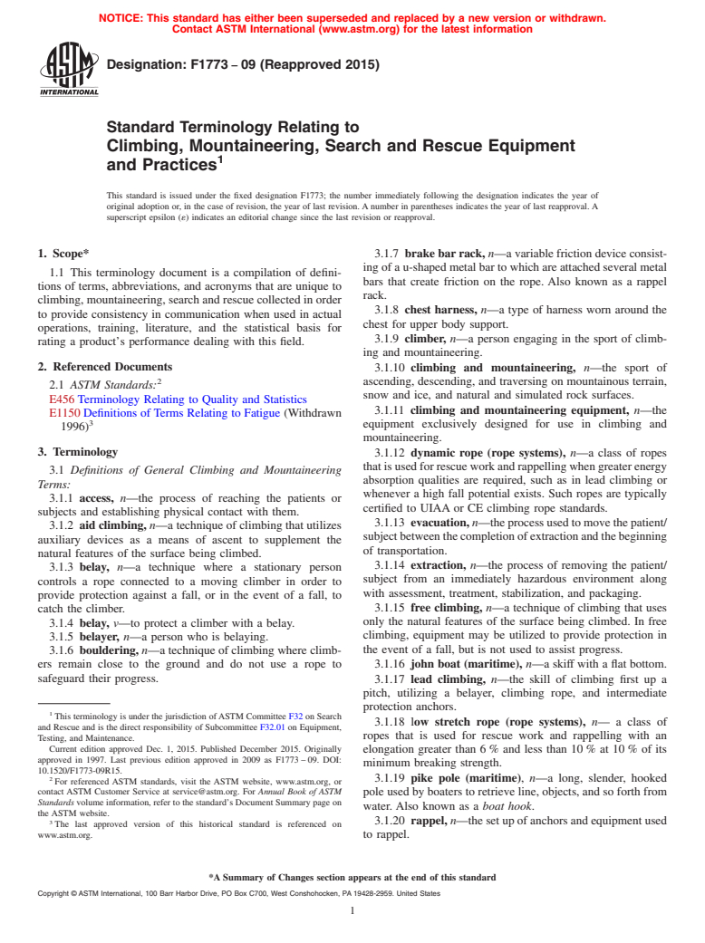 ASTM F1773-09(2015) - Standard Terminology Relating to  Climbing, Mountaineering, Search and Rescue Equipment and Practices (Withdrawn 2024)