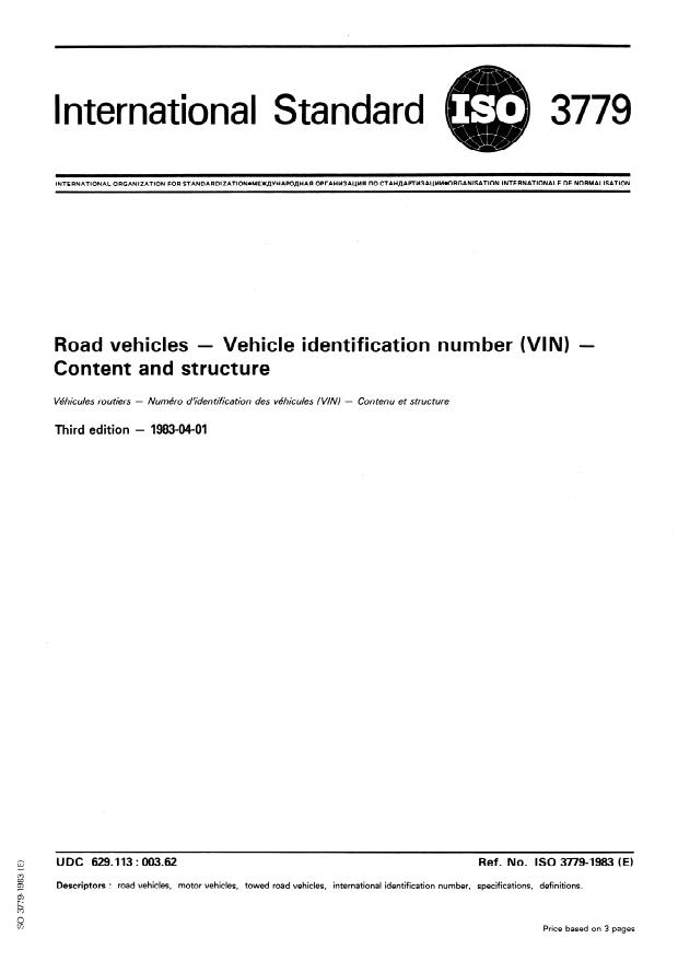 ISO 3779:1983 - Road vehicles -- Vehicle identification number (VIN) -- Content and structure