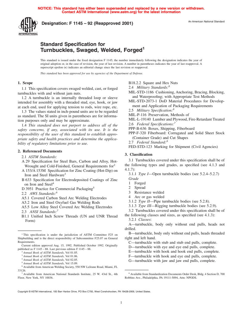 ASTM F1145-92(2001) - Standard Specification for Turnbuckles, Swaged, Welded, Forged