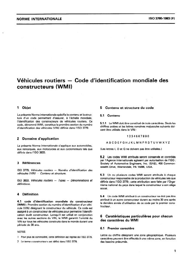ISO 3780:1983 - Véhicules routiers -- Code d'identification mondiale des constructeurs (WMI)