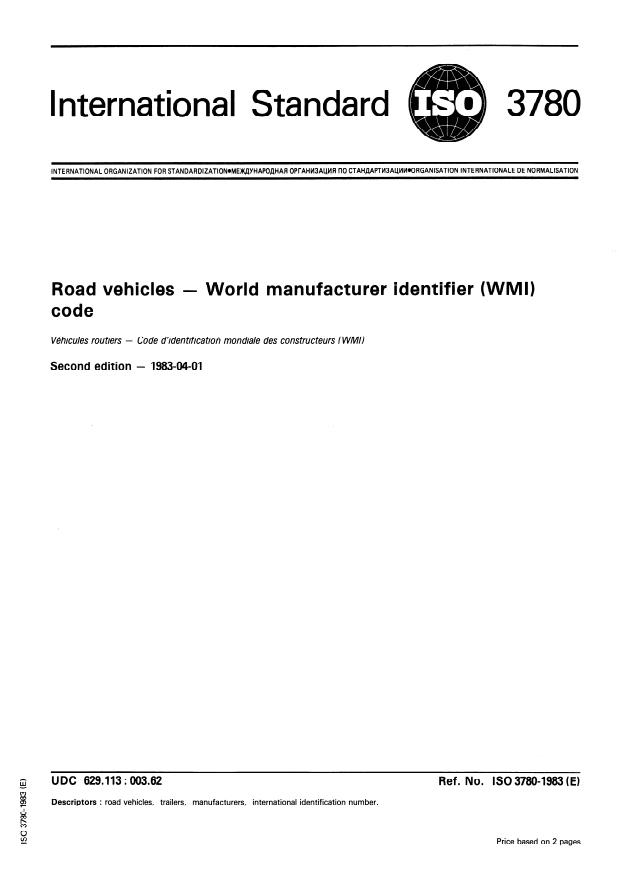 ISO 3780:1983 - Road vehicles -- World manufacturer identifier (WMI) code