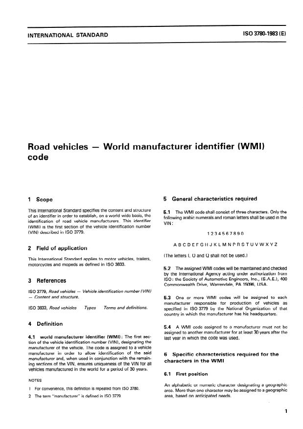 ISO 3780:1983 - Road vehicles -- World manufacturer identifier (WMI) code