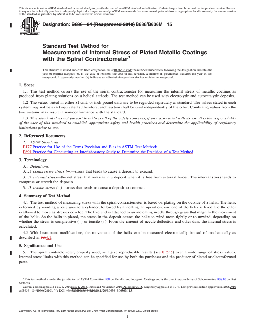 REDLINE ASTM B636/B636M-15 - Standard Test Method for  Measurement of Internal Stress of Plated Metallic Coatings   with the Spiral Contractometer