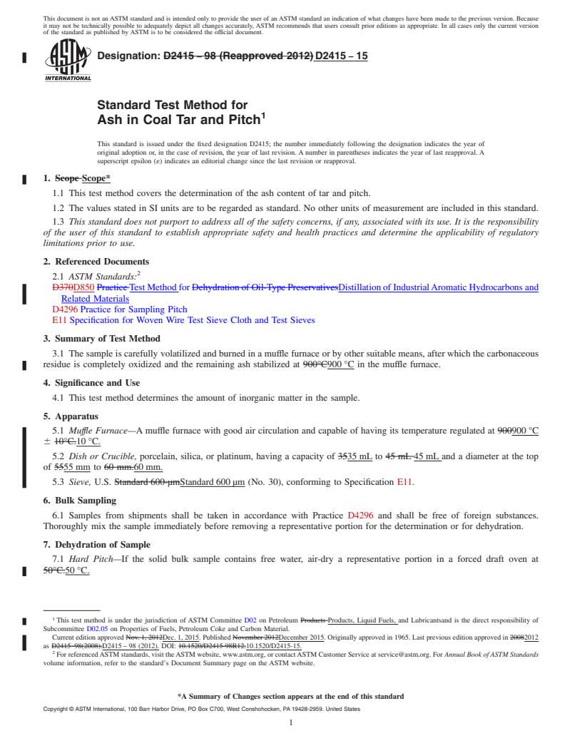 REDLINE ASTM D2415-15 - Standard Test Method for  Ash in Coal Tar and Pitch