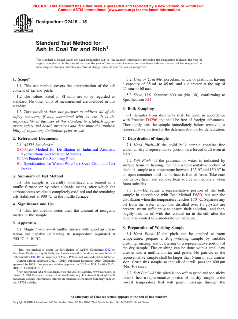 ASTM D2415-15 - Standard Test Method for  Ash in Coal Tar and Pitch