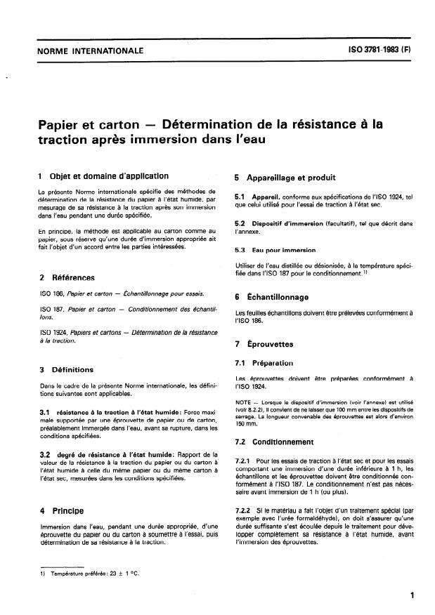 ISO 3781:1983 - Papier et carton -- Détermination de la résistance a la traction apres immersion dans l'eau