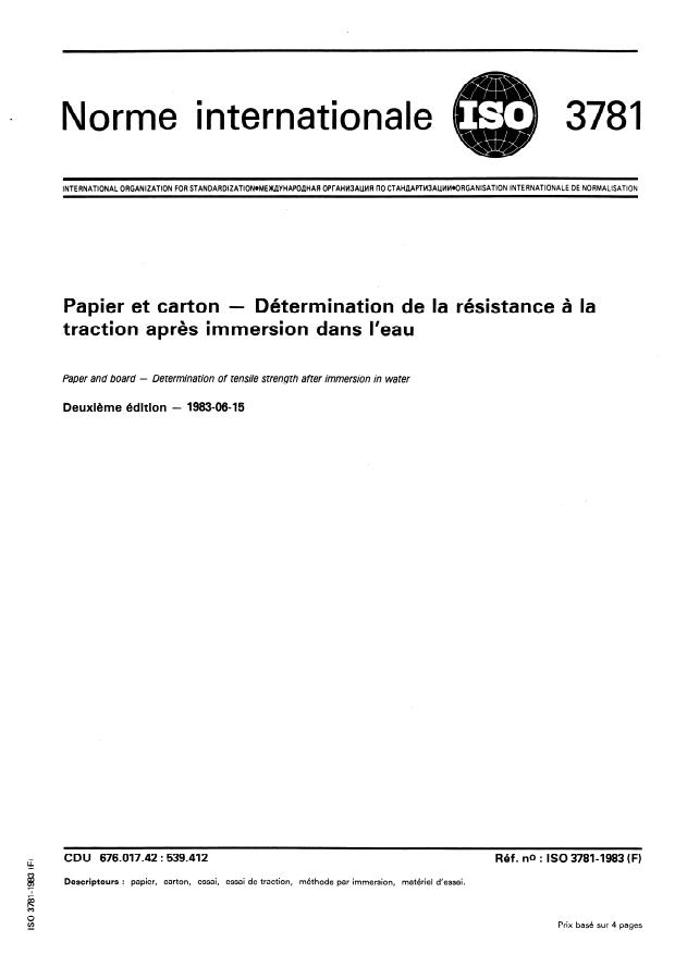 ISO 3781:1983 - Papier et carton -- Détermination de la résistance a la traction apres immersion dans l'eau