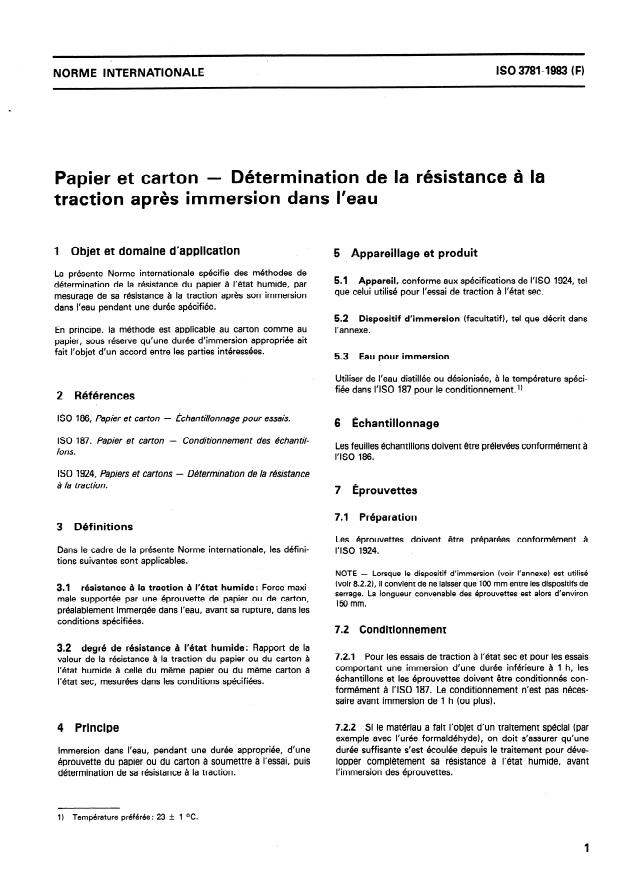 ISO 3781:1983 - Papier et carton -- Détermination de la résistance a la traction apres immersion dans l'eau