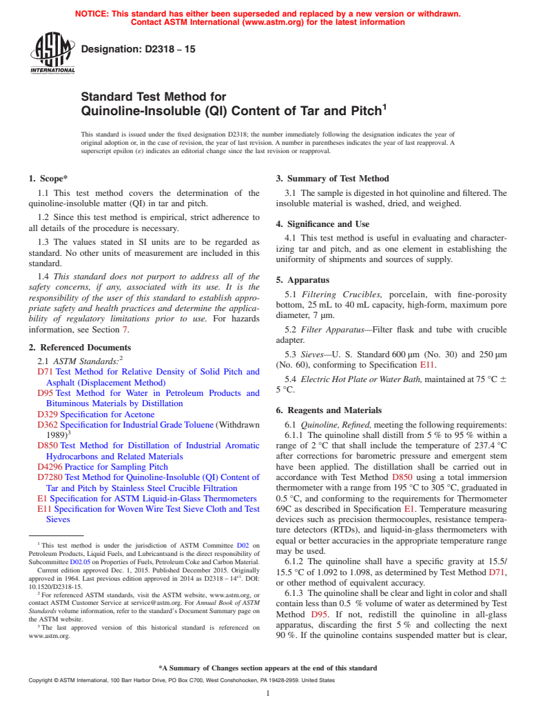 ASTM D2318-15 - Standard Test Method for  Quinoline-Insoluble (QI) Content of Tar and Pitch