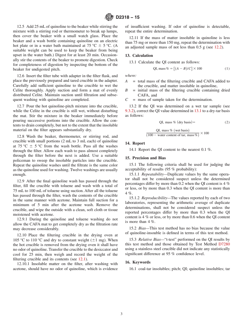 ASTM D2318-15 - Standard Test Method for  Quinoline-Insoluble (QI) Content of Tar and Pitch