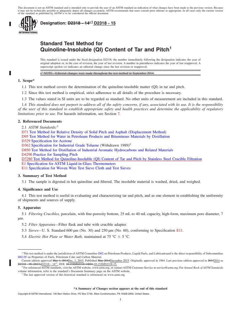 REDLINE ASTM D2318-15 - Standard Test Method for  Quinoline-Insoluble (QI) Content of Tar and Pitch