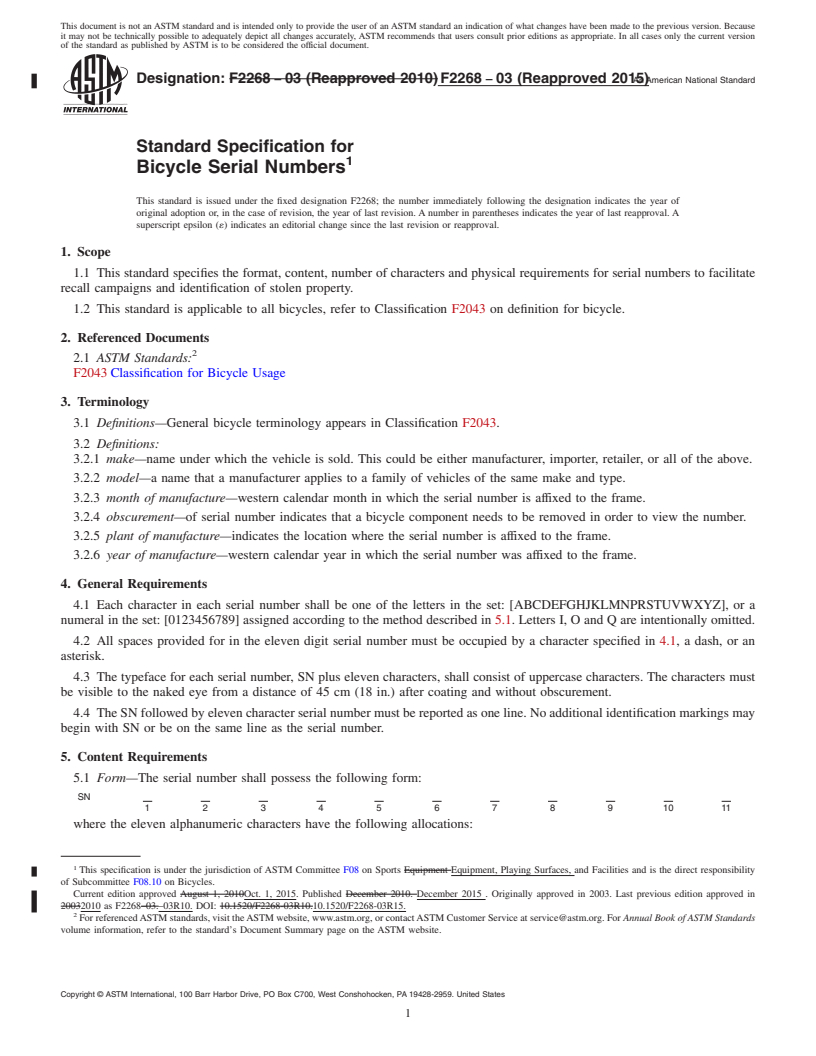 REDLINE ASTM F2268-03(2015) - Standard Specification for  Bicycle Serial Numbers