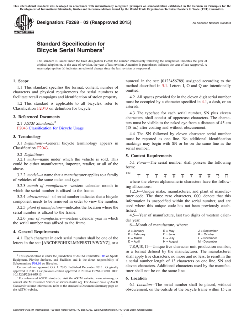 ASTM F2268-03(2015) - Standard Specification for  Bicycle Serial Numbers