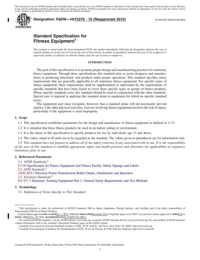 REDLINE ASTM F2276-10(2015) - Standard Specification for  Fitness Equipment
