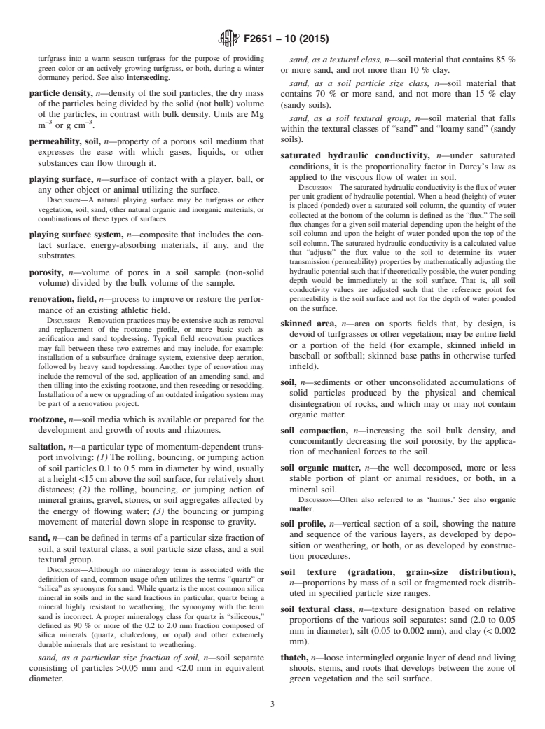 ASTM F2651-10(2015) - Standard Terminology Relating to  Soil and Turfgrass Characteristics of Natural Playing Surfaces (Withdrawn 2024)