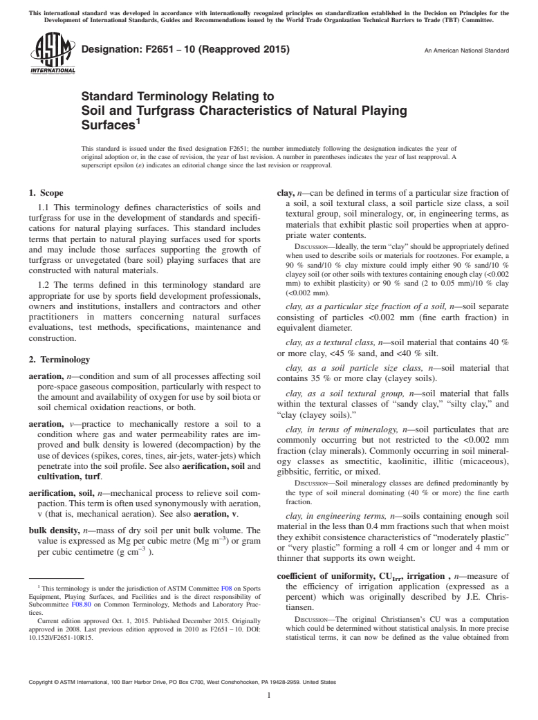 ASTM F2651-10(2015) - Standard Terminology Relating to  Soil and Turfgrass Characteristics of Natural Playing Surfaces