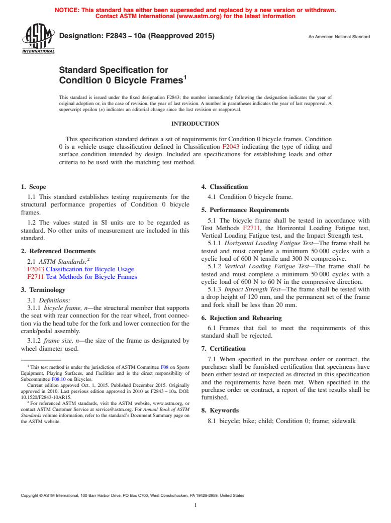 ASTM F2843-10a(2015) - Standard Specification for  Condition 0 Bicycle Frames