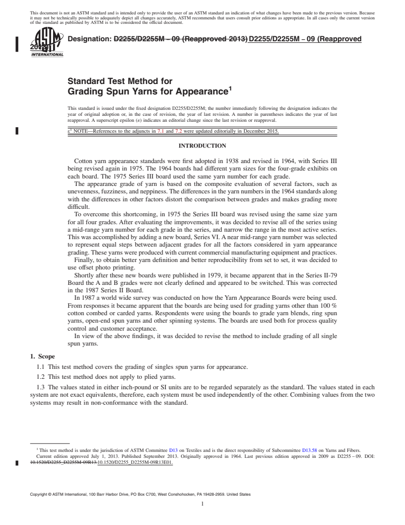 REDLINE ASTM D2255/D2255M-09(2013)e1 - Standard Test Method for  Grading Spun Yarns for Appearance