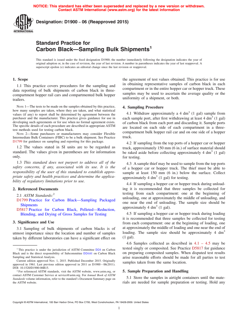 ASTM D1900-06(2015) - Standard Practice for  Carbon Black&#x2014;Sampling Bulk Shipments