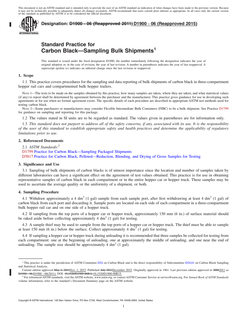 REDLINE ASTM D1900-06(2015) - Standard Practice for  Carbon Black&#x2014;Sampling Bulk Shipments