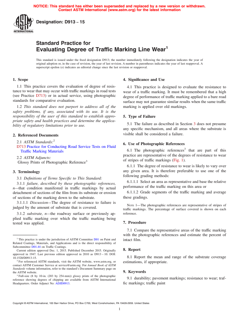 ASTM D913-15 - Standard Practice for Evaluating Degree of Traffic Marking Line Wear