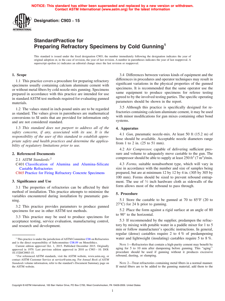 ASTM C903-15 - Standard Practice for  Preparing Refractory Specimens by Cold Gunning