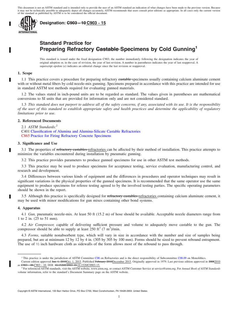 REDLINE ASTM C903-15 - Standard Practice for  Preparing Refractory Specimens by Cold Gunning