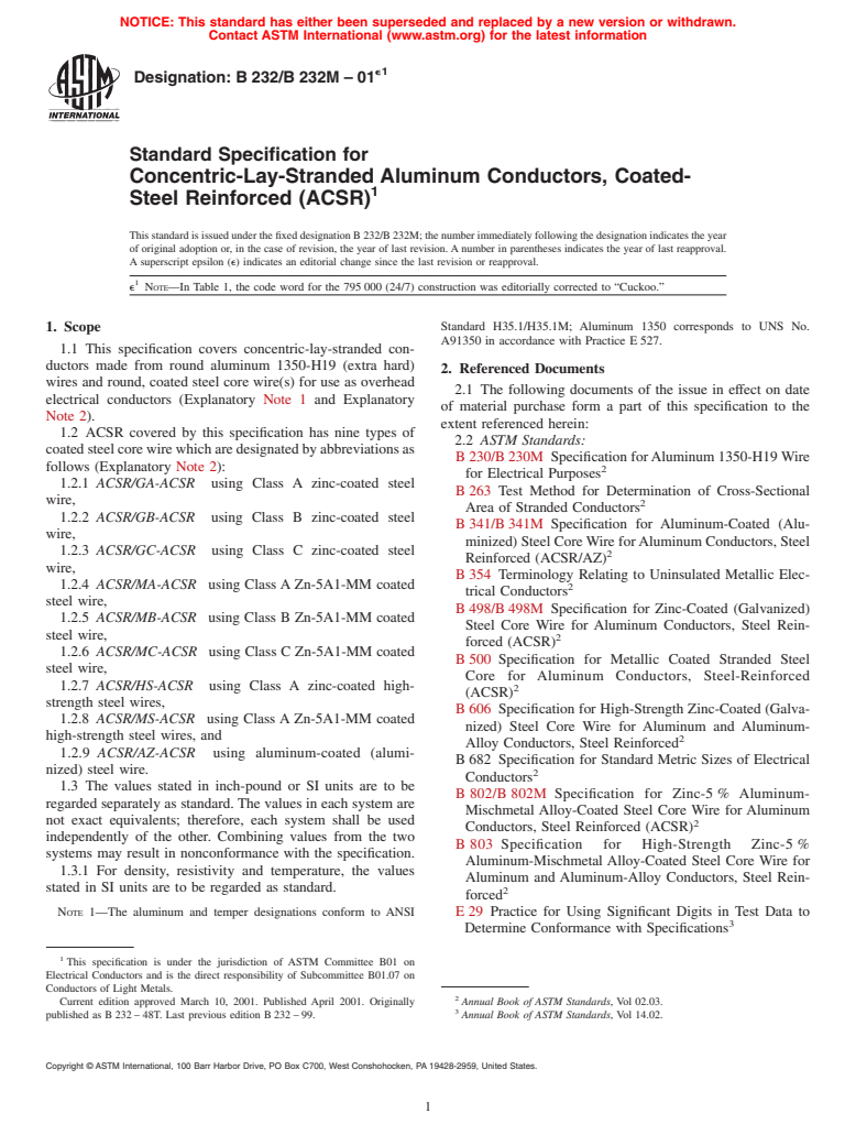 ASTM B232/B232M-01e1 - Standard Specification for Concentric-Lay-Stranded Aluminum Conductors, Coated-Steel Reinforced (ACSR)