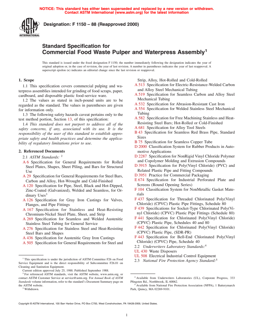 ASTM F1150-88(2000) - Standard Specification for Commercial Food Waste Pulper and Waterpress Assembly