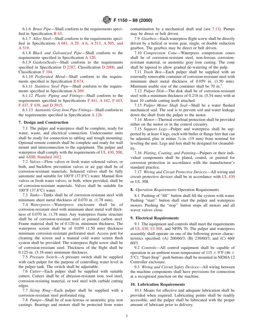 ASTM F1150-88(2000) - Standard Specification for Commercial Food Waste Pulper and Waterpress Assembly