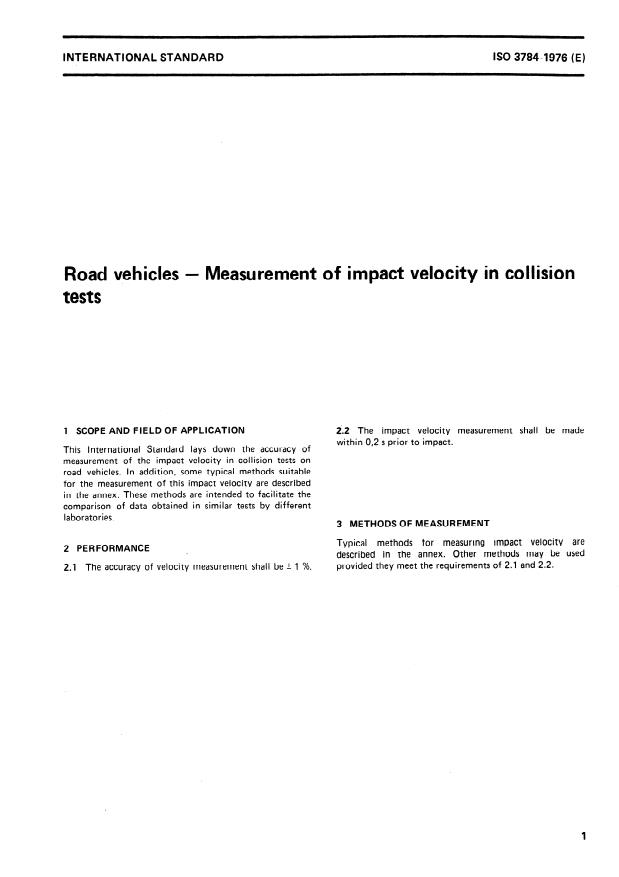 ISO 3784:1976 - Road vehicles -- Measurement of impact velocity in collision tests