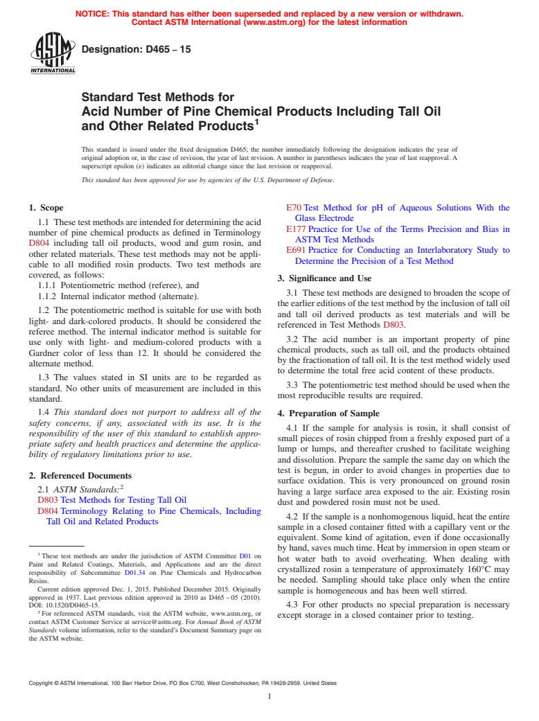ASTM D465-15 - Standard Test Methods for Acid Number of Pine Chemical Products Including Tall Oil and   Other Related  Products