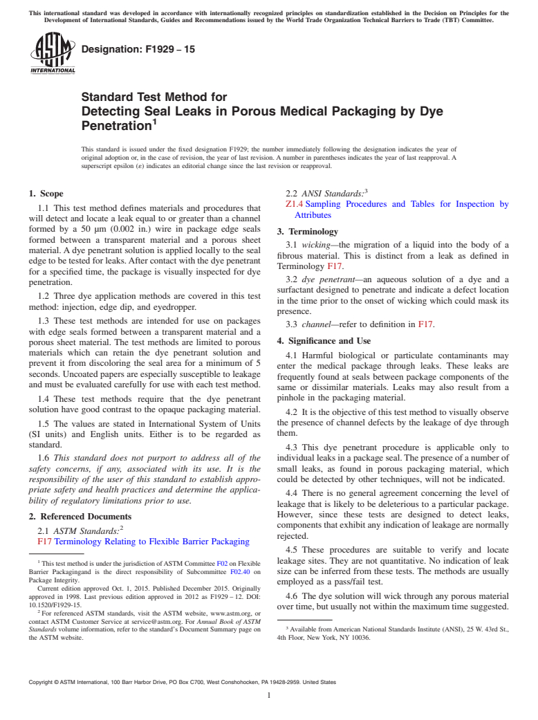 ASTM F1929-15 - Standard Test Method for Detecting Seal Leaks in Porous Medical Packaging by Dye Penetration