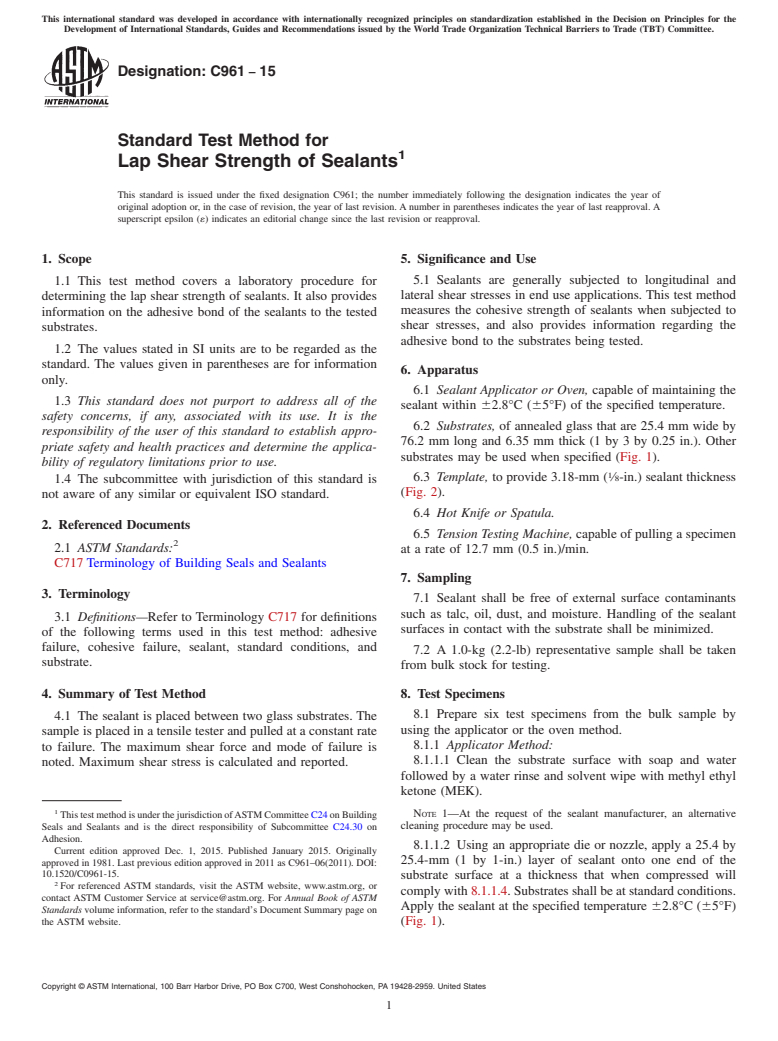 ASTM C961-15 - Standard Test Method for  Lap Shear Strength of Sealants