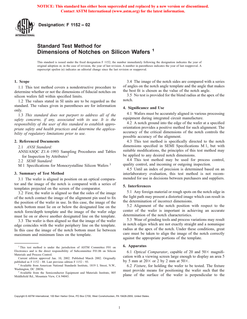 ASTM F1152-02 - Standard Test Method for Dimensions of Notches on Silicon Wafers (Withdrawn 2003)