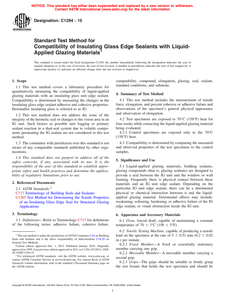 ASTM C1294-15 - Standard Test Method for  Compatibility of Insulating Glass Edge Sealants with Liquid-Applied  Glazing Materials
