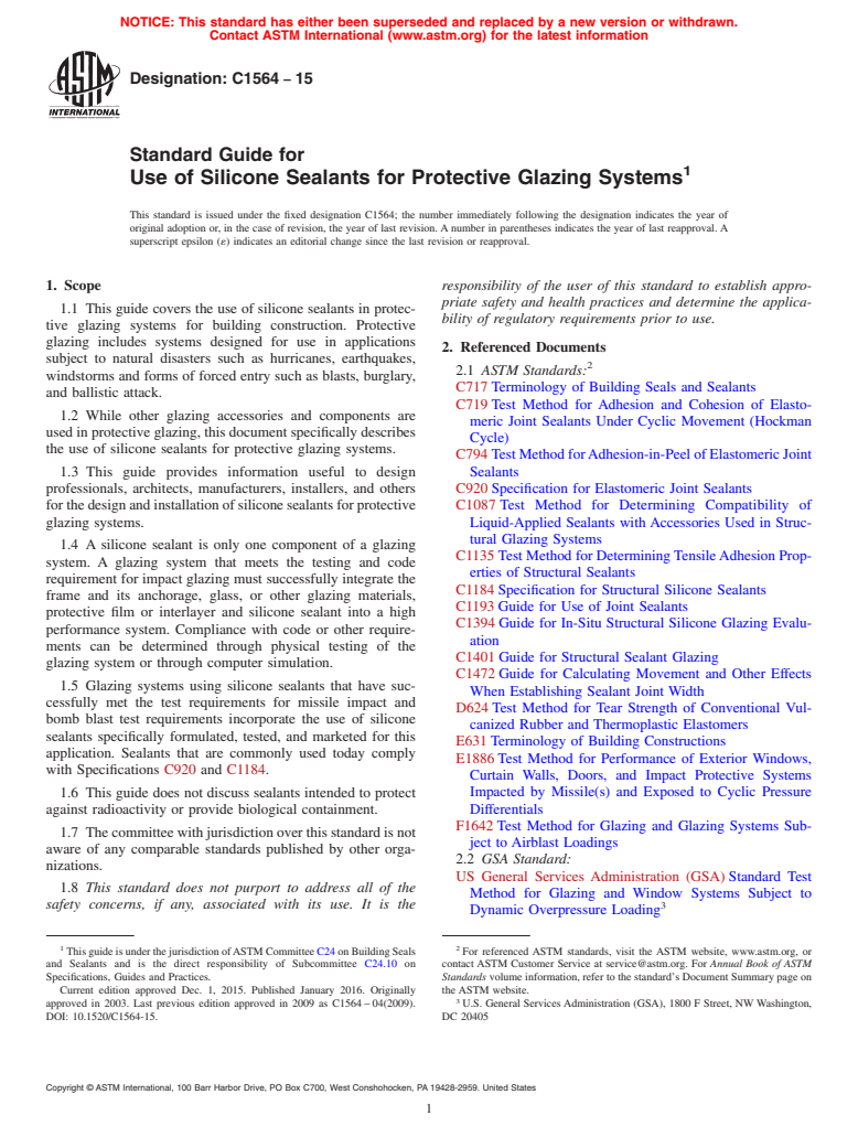 ASTM C1564-15 - Standard Guide for  Use of Silicone Sealants for Protective Glazing Systems