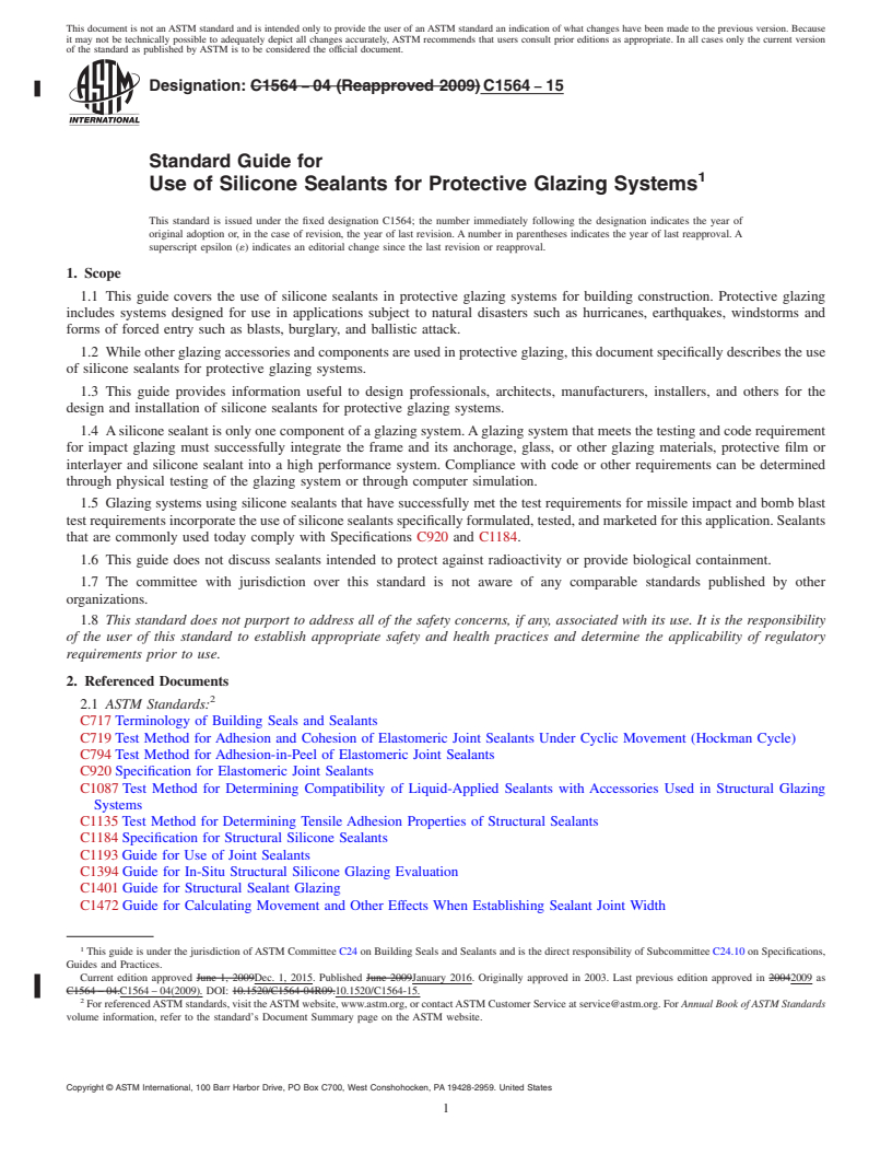 REDLINE ASTM C1564-15 - Standard Guide for  Use of Silicone Sealants for Protective Glazing Systems