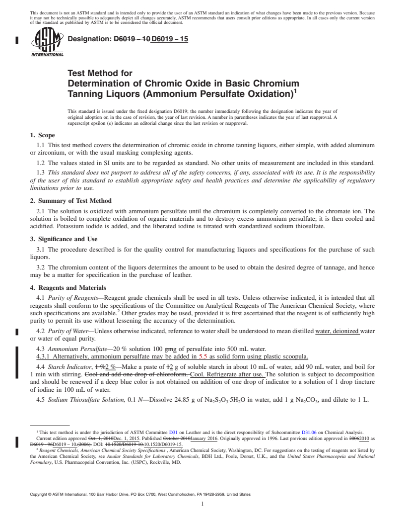 REDLINE ASTM D6019-15 - Test Method for  Determination of Chromic Oxide in Basic Chromium Tanning Liquors  (Ammonium Persulfate Oxidation)