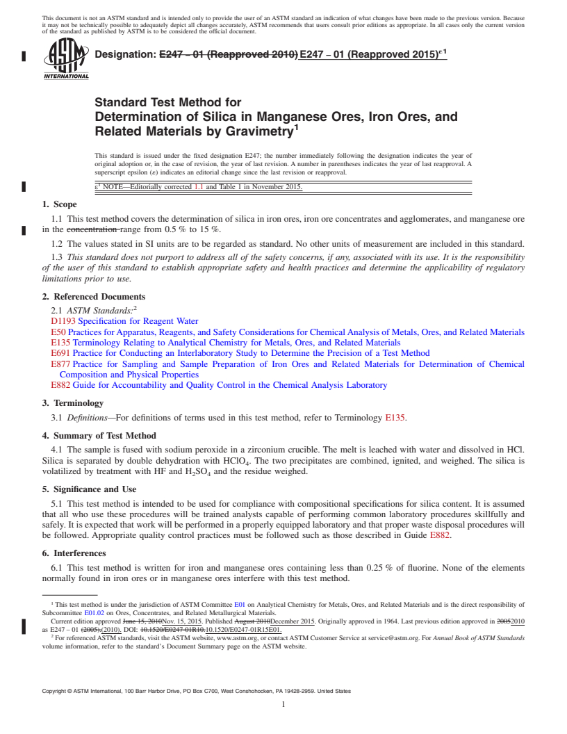 REDLINE ASTM E247-01(2015)e1 - Standard Test Method for  Determination of Silica in Manganese Ores, Iron Ores, and Related   Materials by Gravimetry