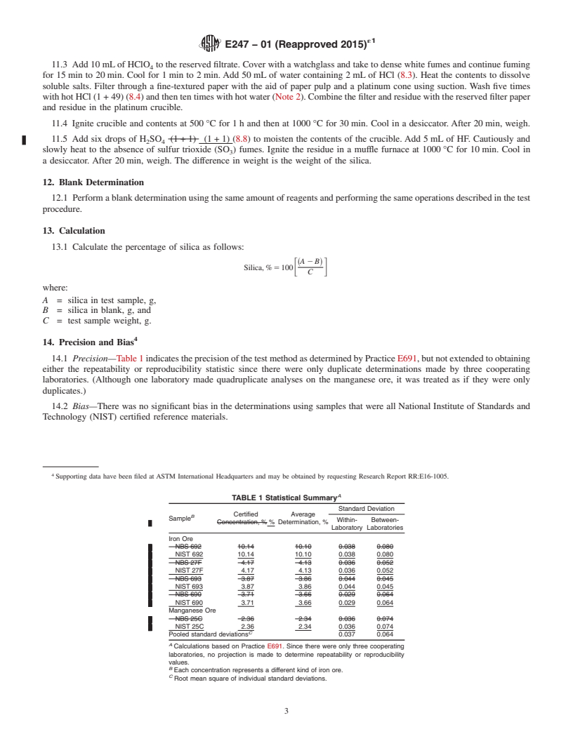 REDLINE ASTM E247-01(2015)e1 - Standard Test Method for  Determination of Silica in Manganese Ores, Iron Ores, and Related   Materials by Gravimetry