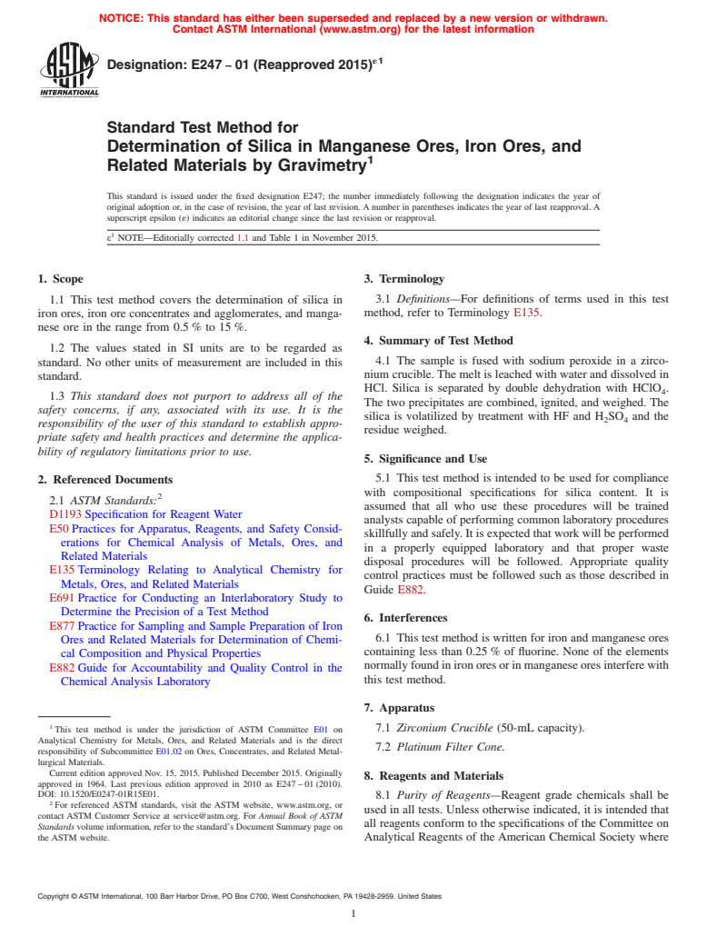 ASTM E247-01(2015)e1 - Standard Test Method for  Determination of Silica in Manganese Ores, Iron Ores, and Related   Materials by Gravimetry