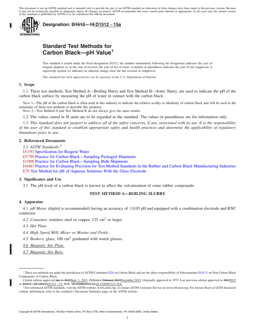 REDLINE ASTM D1512-15a - Standard Test Methods for Carbon Black&#x2014;pH Value