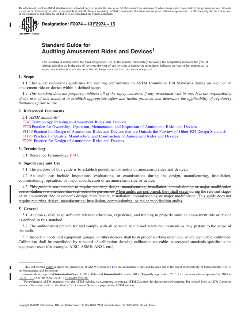 REDLINE ASTM F2974-15 - Standard Guide for Auditing Amusement Rides and Devices