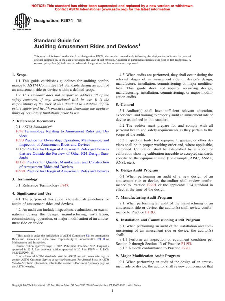 ASTM F2974-15 - Standard Guide for Auditing Amusement Rides and Devices