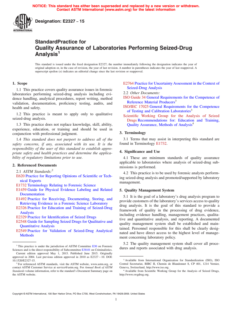 ASTM E2327-15 - Standard Practice for  Quality Assurance of Laboratories Performing Seized-Drug Analysis