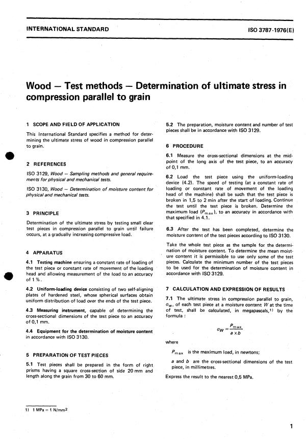 ISO 3787:1976 - Wood -- Test methods -- Determination of ultimate stress in compression parallel to grain