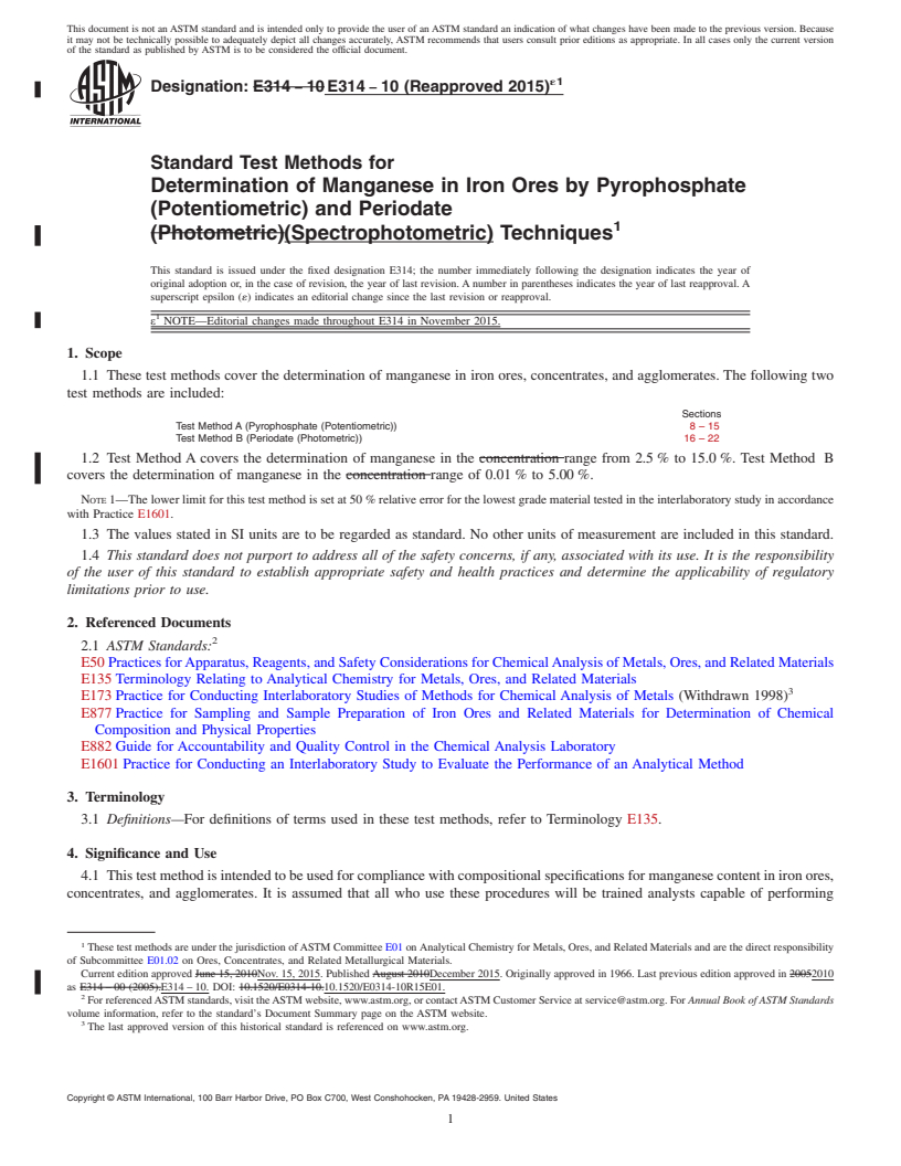 REDLINE ASTM E314-10(2015)e1 - Standard Test Methods for  Determination of Manganese in Iron Ores by Pyrophosphate (Potentiometric)  and Periodate (Spectrophotometric) Techniques