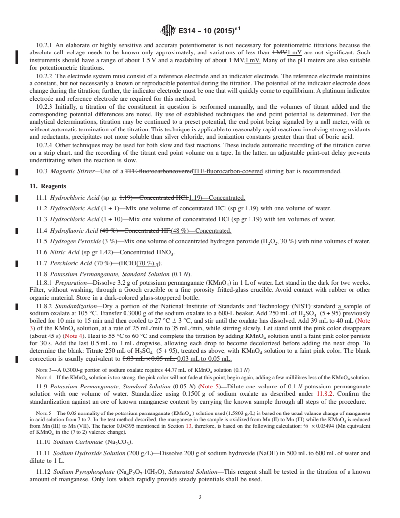 REDLINE ASTM E314-10(2015)e1 - Standard Test Methods for  Determination of Manganese in Iron Ores by Pyrophosphate (Potentiometric)  and Periodate (Spectrophotometric) Techniques