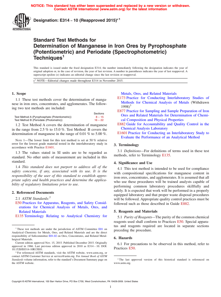 ASTM E314-10(2015)e1 - Standard Test Methods for  Determination of Manganese in Iron Ores by Pyrophosphate (Potentiometric)  and Periodate (Spectrophotometric) Techniques